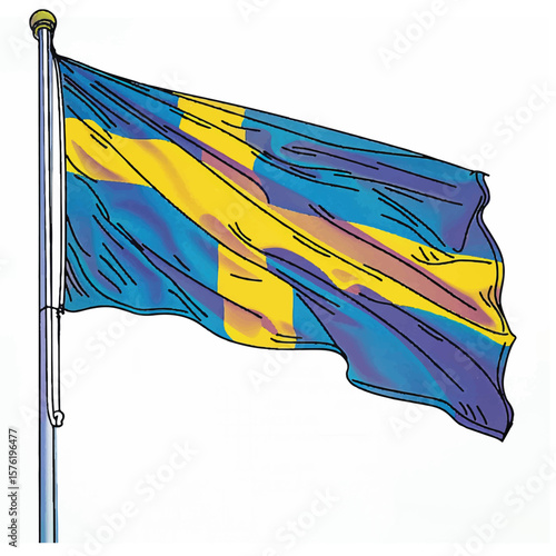 Stylized Swedish Flag Waving on a Metal Pole with a Golden Finial