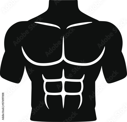 Vector icon of muscular male torso silhouette showing defined abs, chest, and arm contours, symbolizing strength, physique development, bodybuilding aesthetics, athletic identity, fitness goals, and g