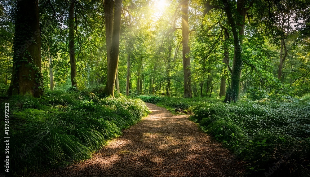 Naklejka premium a lush green forest with an empty path and sunlight