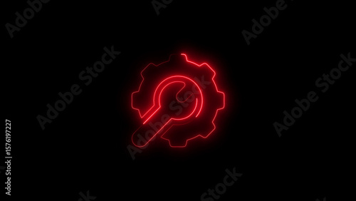 Red neon settings icon with gear and wrench on black background for web applications and technical concepts