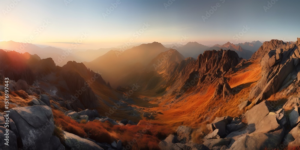 Obraz premium Majestic Mountain Panorama at Sunrise Golden Hour Hues over Rugged Peaks