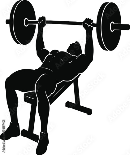 Vector icon of a person lying on a flat bench and lifting a barbell with weights in silhouette style, symbolizing strength training, chest workout, fitness motivation, powerlifting exercise, gym activ