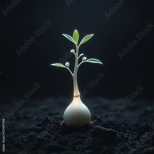 Sprout bulb symbolizes hope in darkness