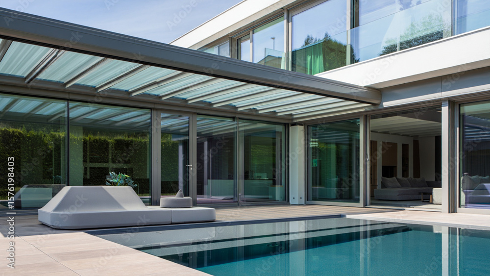 Fototapeta premium Modern Luxury Home Poolside Relaxation: Glass Pavilion, Sunlit Terrace, Minimalist Design