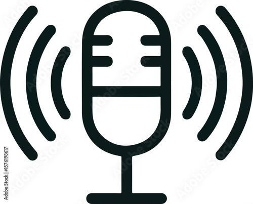 Vector icon of a black vintage microphone with horizontal lines and radiating sound waves, symbolizing audio recording, podcast production, broadcasting, sound design, music creation, voiceover work, 