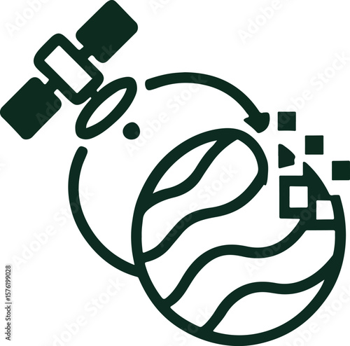 Vector illustration of a satellite orbiting stylized Earth with digital signal squares, solar panel, and curved planetary lines, representing satellite communication, geospatial tracking, remote sensi