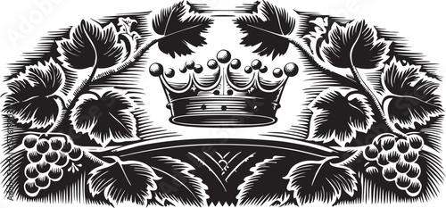 crown with ornate flourishes, grape vines illustration