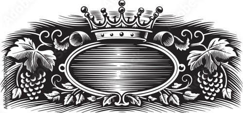 crown with ornate flourishes, grape vines illustration