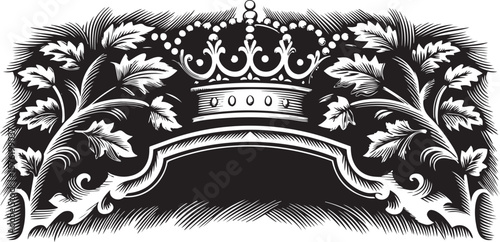 crown with ornate flourishes, grape vines illustration