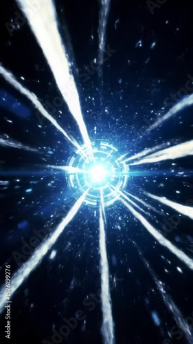 A dynamic, abstract animation of a futuristic energy tunnel. An intricate, luminescent mechanism glows with ethereal blue and brilliant white light, radiating countless electric rays across a dark