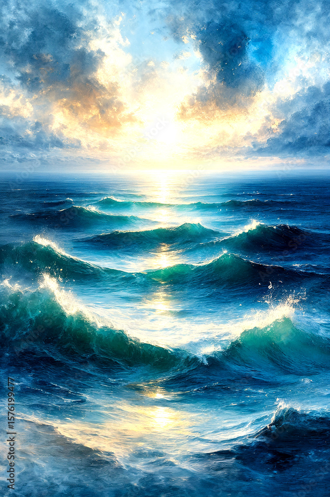 Fototapeta premium Majestic Ocean under the Golden Sunlight -Generative AI