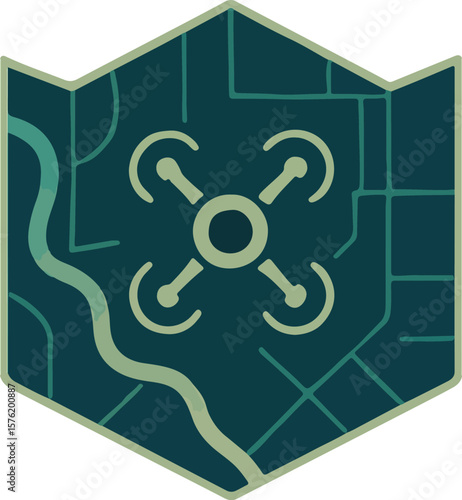 Vector icon showing a stylized geographic map with a centered drone symbol, abstract river curves, and navigational pathways, representing aerial surveying, GPS data, and drone-based exploration. Perf