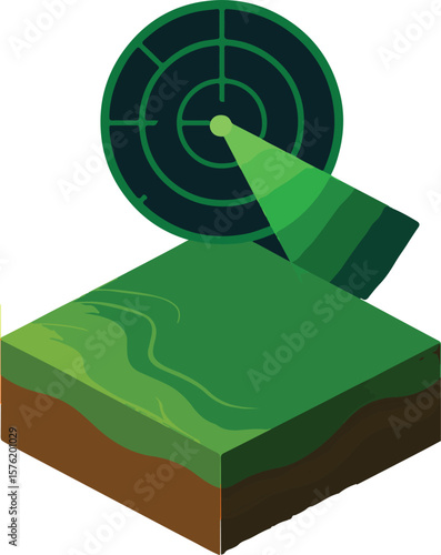 Vector illustration showing a ground penetrating radar device emitting downward signals into subsurface layers for geophysical imaging and terrain mapping. Ideal for use in environmental surveys, soil