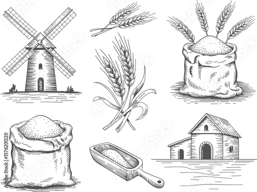 Vintage sketch of flour mill, grain sacks, wheat ears, rural farming scene, hand drawn black and white agricultural illustration