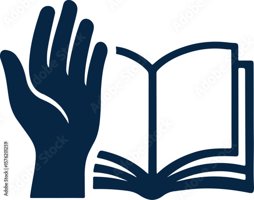 Vector icon of an outstretched dark blue hand next to an open book with clean pages, symbolizing education, guidance, and shared learning. Perfect for academic support visuals, reading concepts, mento