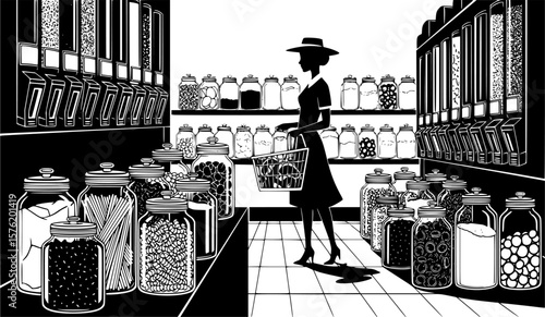 A woman with a basket shops in a grocery store aisle filled with bulk food dispensers