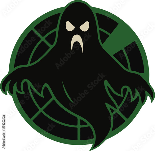 Vector icon featuring a stylized ghost with white eyes and a sinister expression over a green radar screen with grid lines, symbolizing paranormal detection, ghost hunting, and eerie surveillance. Ide