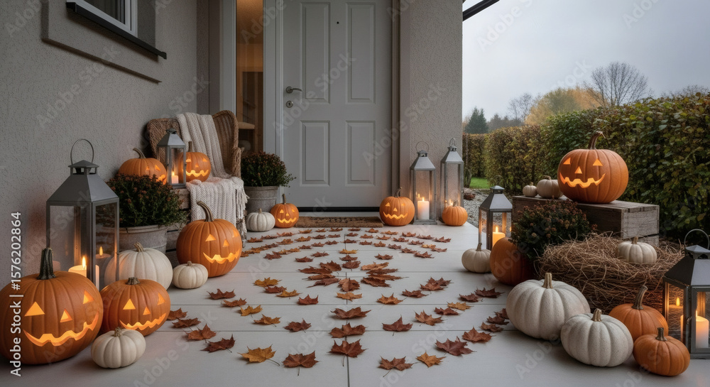 Obraz premium Halloween Porch Decoration Carved Pumpkins Lanterns and Autumnal Leaf Display.
