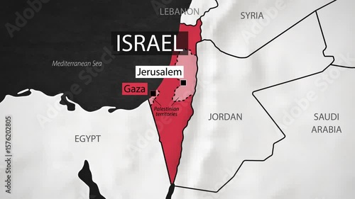 Israel and Gaza Map - Fast Zooming from World Map. Animated Motion Graphics Shape Map of the Israel and Gaza. 4K Resolution Stock Video for News, Vlogs etc.