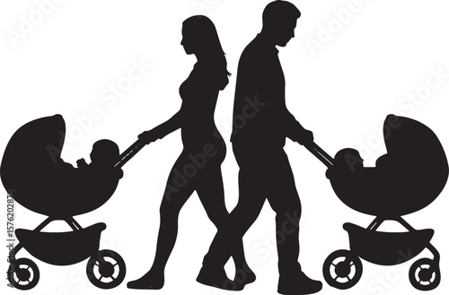 Parents Walking Twin Babies in Strollers Silhouette
