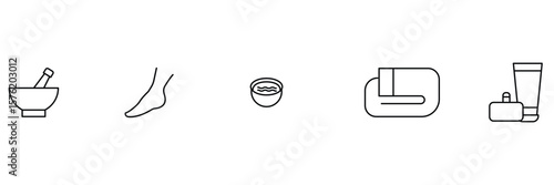 Foot spa care icon set with herbal bowl soak bath lotion scrub cream and beauty wellness hygiene therapy vector illustration.