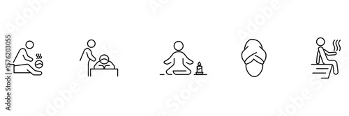 Spa therapy icon set with massage steam yoga meditation towel wrap relaxation wellness care and beauty treatment illustration.