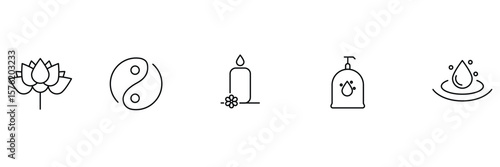 Lotus wellness yin yang harmony icons with candle water drop soap bottle balance purity spa concept vector illustration set.