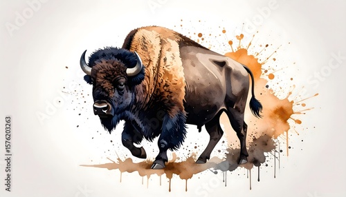 Watercolor Painting of a Bold American Bison with Ink Splashes