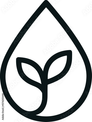 Minimalist vector icon showing a clear water droplet containing a small green plant sprout, symbolizing eco-friendly care, sustainability, and natural growth. Ideal for use in environmental campaigns,