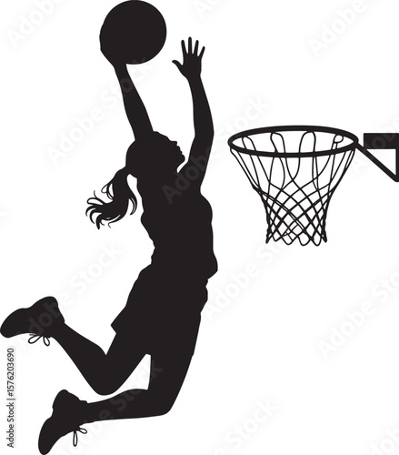 Female Basketball Player Scoring Dunk or Layup Silhouette