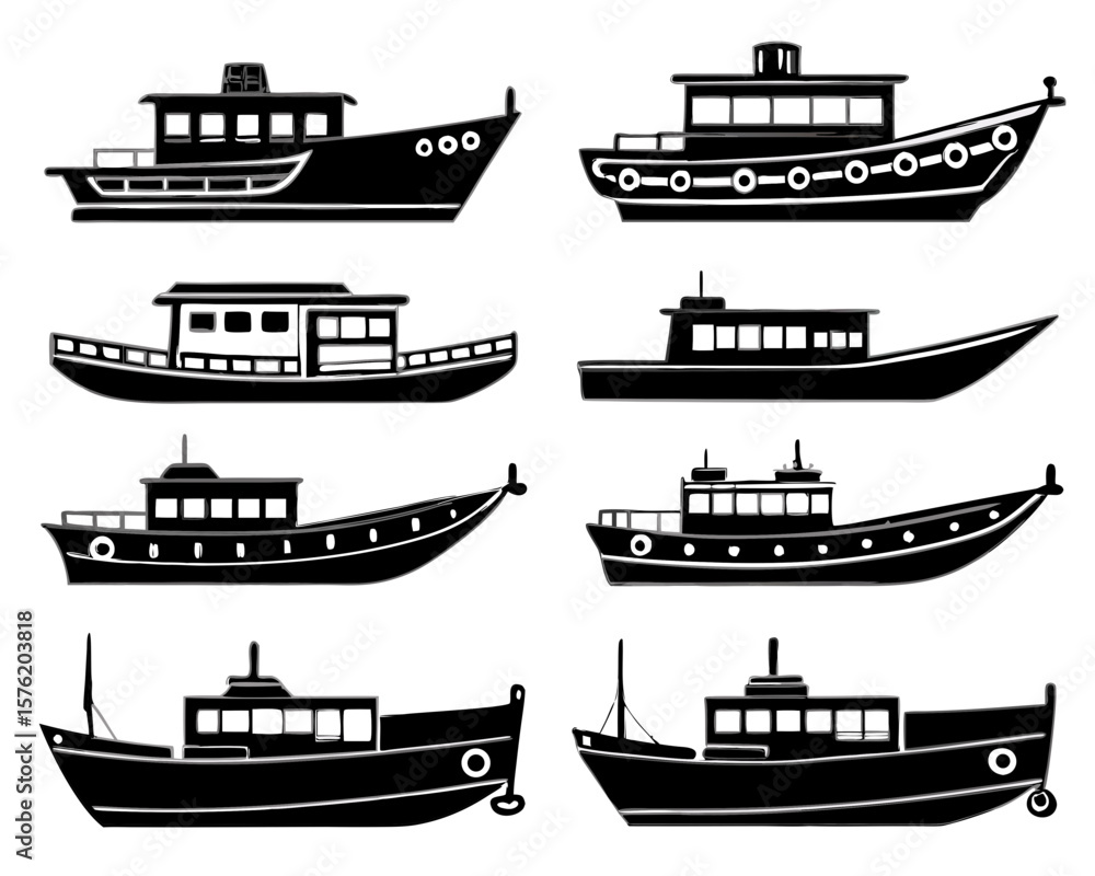 Obraz premium Collection of Six Black and White Boat Silhouettes: Simple, Stylish, Nautical Vector Graphics.