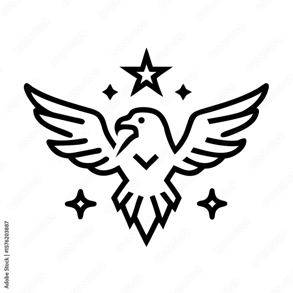 Obraz premium Bold Line Art Eagle Soaring with Star: Patriotic, Freedom, Success Symbol