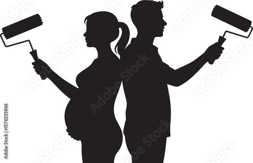 Expecting Couple Painting Nursery with Rollers Silhouette