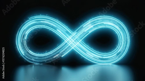 Neon infinity sign with dynamically moving light particles on a black background. Symbol of eternity, technology and digital future. Suitable for AI, metaverse, science concepts.