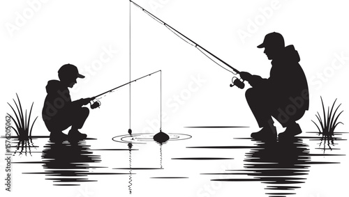 People Fishing Together in Lake or River Silhouettes
