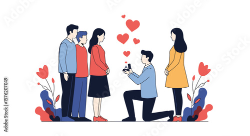 Man proposes to woman surrounded by friends and family romantic celebration