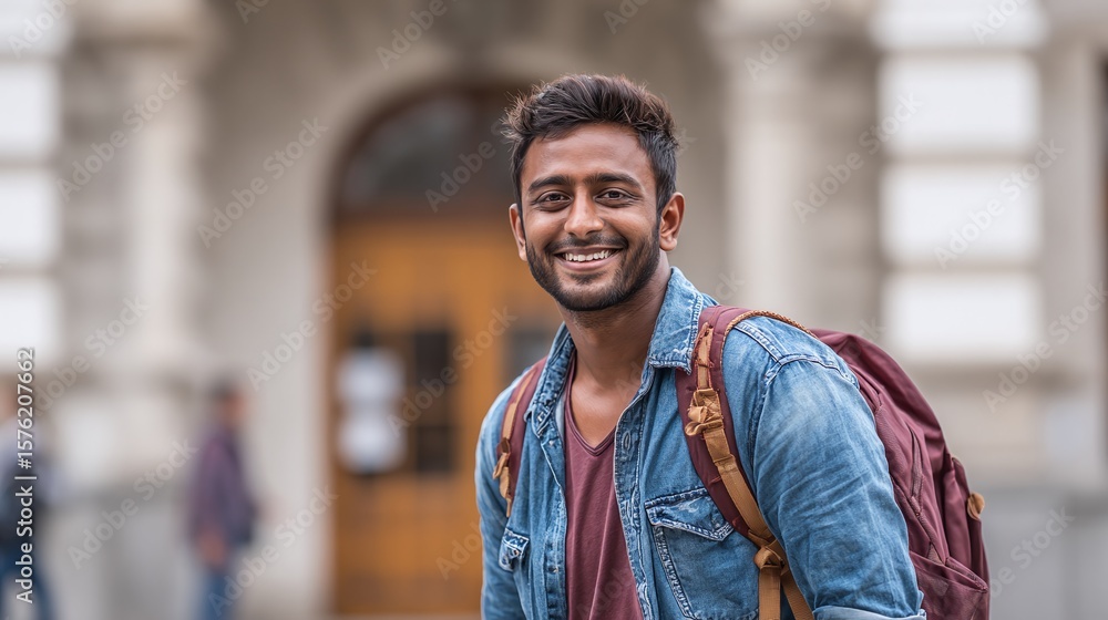 Smiling student with backpack outside building. College life and higher education concept. The young man is wearing casual clothes. Smiling student with backpack outside building. College life and higher education concept. The young man is wearing casual clothes.