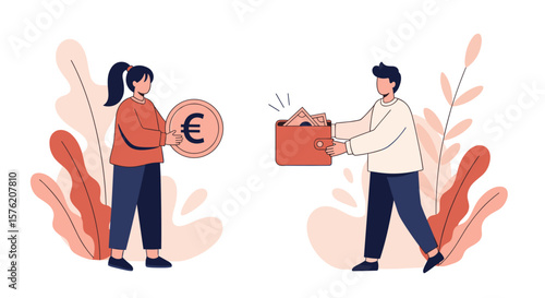 Man gives money box to woman holding euro coin during financial transaction
