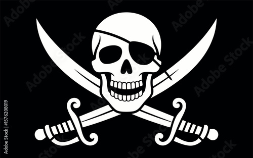 Classic white pirate skull and crossbones flag with swords on black background