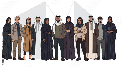 Diverse group of people standing together in traditional and modern attire