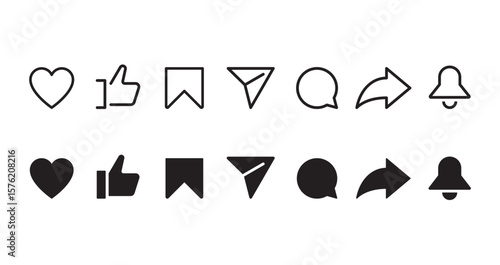 Set of generic social media user interface icons. Like, comment, share and save icons
