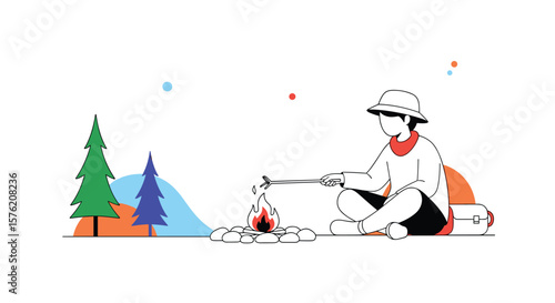 Young adventurer roasting marshmallow over campfire under starry night sky