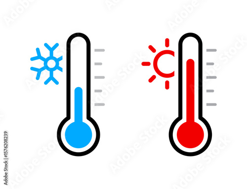 Street thermometer sign with two thermometers showing cold and hot temperatures. Represents weather forecast, high summer heat, frost, and snow. Flat vector design for seasonal weather illustration