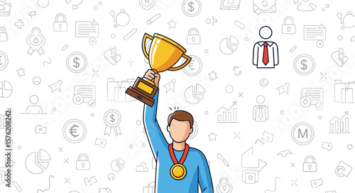 Achieving victory and celebrating success with a golden trophy and medal