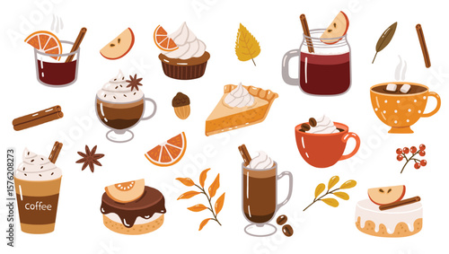 Autumn desserts and drinks elements, doodle, sweet cakes, collection, hot drinks, autumn cozy set