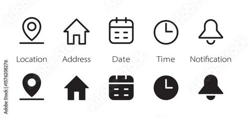 Date, time, location address, notification icon. Address location icon. Notification bell icon. Stopwatch timer icon. Date Calendar icon - Web icons set