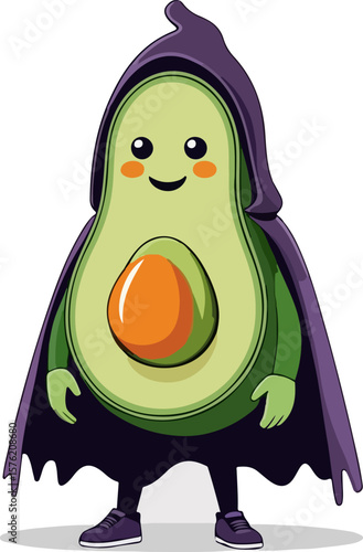 Cute avocado character wearing a mysterious hooded cloak 