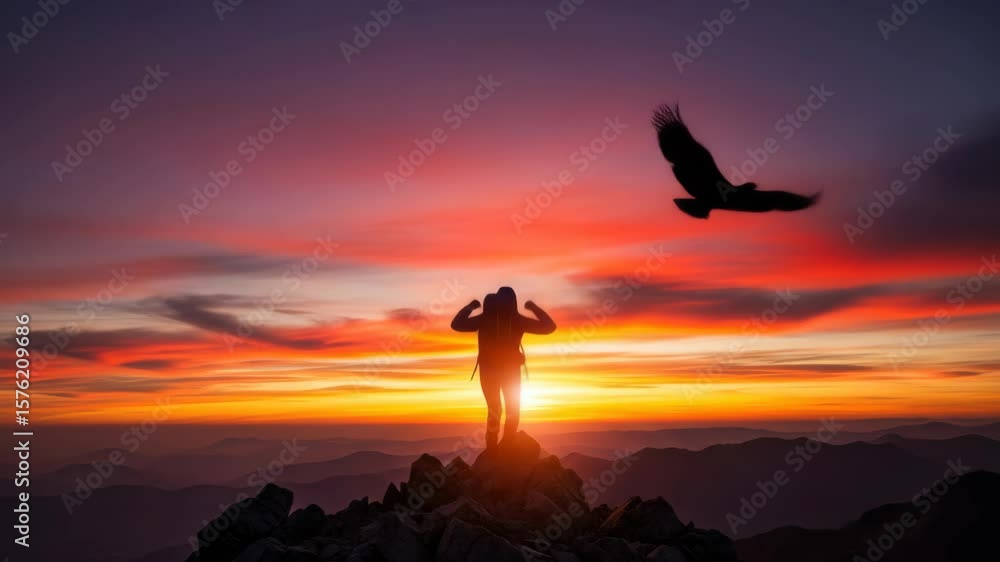 Summit Sunrise: Hiker's Silhouette Celebrates Victory with Bird in Mountain Landscape Summit Sunrise: Hiker's Silhouette Celebrates Victory with Bird in Mountain Landscape