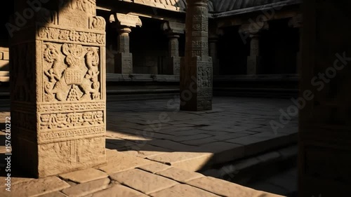 Ancient Temple Pillars with Intricate Carvings and Dramatic Lighting in Video