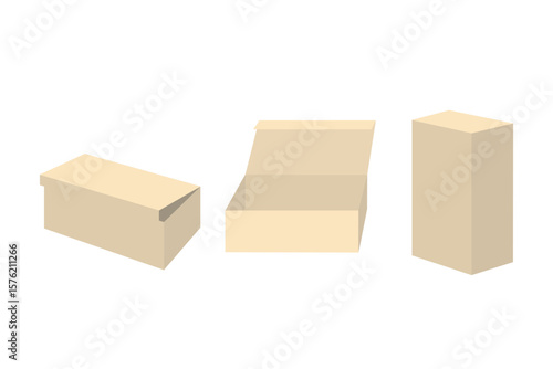 Square Packaging Boxes Mockups, Front And Side View, Opened And Closed Lid, Isolated On White Background. Vector Illustration
